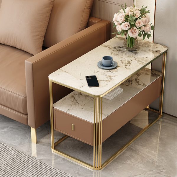 Modern Luxury Porcelain Slab Microfiber Leather Carbon Steel Rectangular Side Table With 2 Tiers And 1 Drawer For Living Room And Bedroom - Image 2