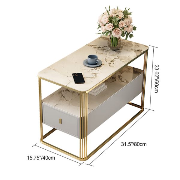 Modern Luxury Porcelain Slab Microfiber Leather Carbon Steel Rectangular Side Table With 2 Tiers And 1 Drawer For Living Room And Bedroom - Image 6