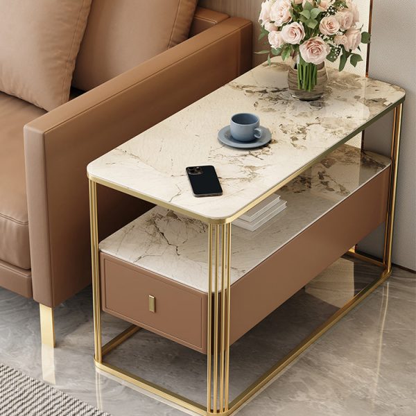 Modern Luxury Porcelain Slab Microfiber Leather Carbon Steel Rectangular Side Table With 2 Tiers And 1 Drawer For Living Room And Bedroom - Image 4