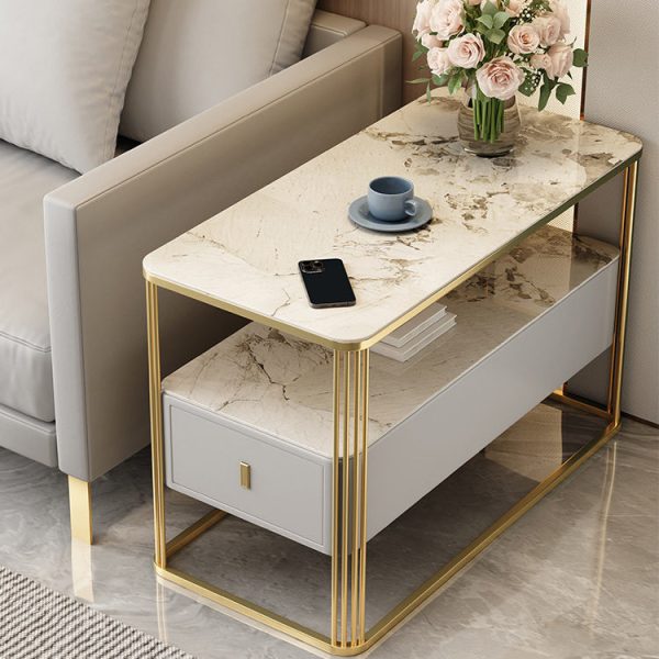 Modern Luxury Porcelain Slab Microfiber Leather Carbon Steel Rectangular Side Table With 2 Tiers And 1 Drawer For Living Room And Bedroom - Image 5