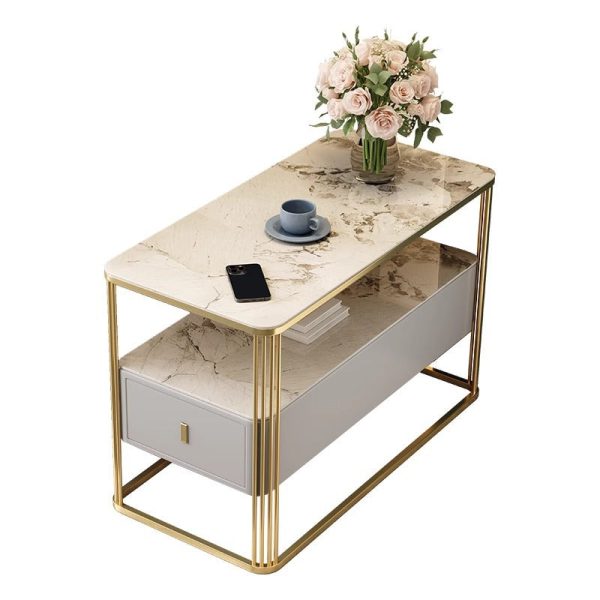 Modern Luxury Porcelain Slab Microfiber Leather Carbon Steel Rectangular Side Table With 2 Tiers And 1 Drawer For Living Room And Bedroom - Image 14