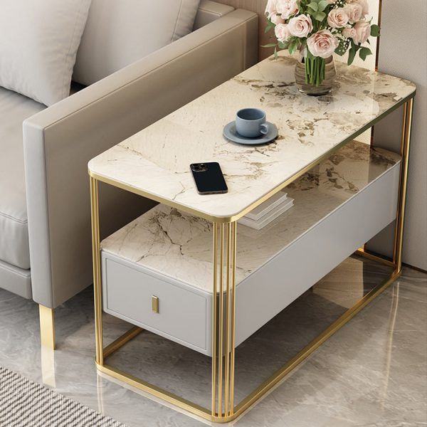 Modern Luxury Porcelain Slab Microfiber Leather Carbon Steel Rectangular Side Table With 2 Tiers And 1 Drawer For Living Room And Bedroom - Image 13