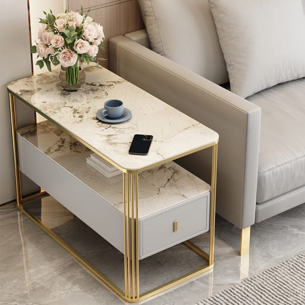 Modern Luxury Porcelain Slab Microfiber Leather Carbon Steel Rectangular Side Table With 2 Tiers And 1 Drawer For Living Room And Bedroom - Image 3