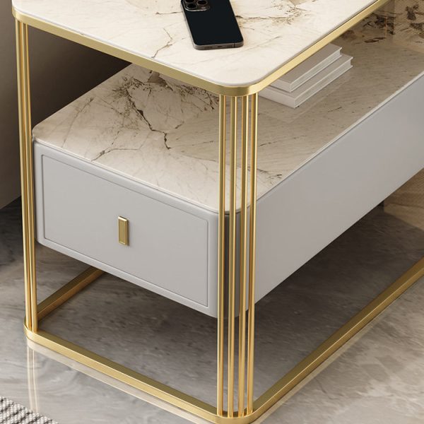 Modern Luxury Porcelain Slab Microfiber Leather Carbon Steel Rectangular Side Table With 2 Tiers And 1 Drawer For Living Room And Bedroom - Image 11
