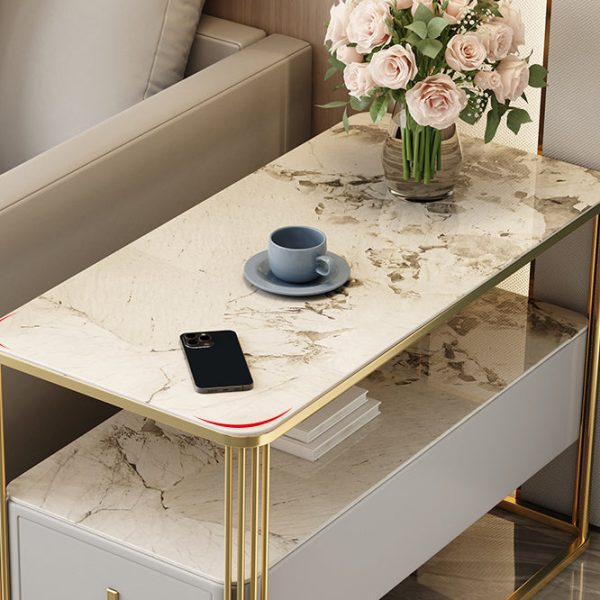 Modern Luxury Porcelain Slab Microfiber Leather Carbon Steel Rectangular Side Table With 2 Tiers And 1 Drawer For Living Room And Bedroom - Image 12