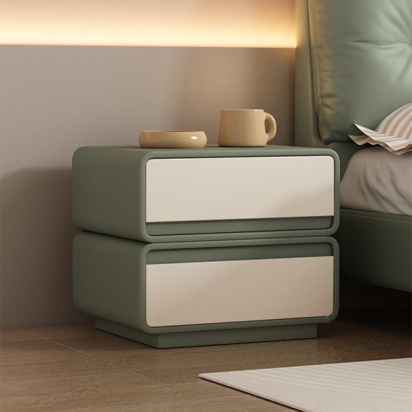 Modern Minimalist Solid Wood And Microfiber Leather Rectangular Nightstand 2 Drawers For Bedroom - Image 4