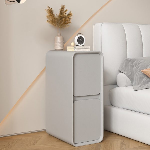 Modern Minimalist Solid Wood And Microfiber Leather Rectangular Narrow Nightstand With 2 Drawers For Bedroom - Image 2