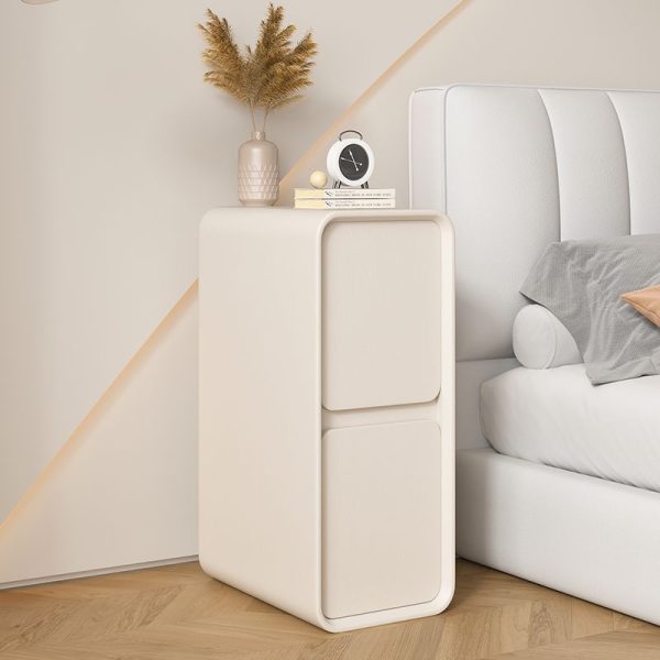 Modern Minimalist Solid Wood And Microfiber Leather Rectangular Narrow Nightstand With 2 Drawers For Bedroom - Image 17