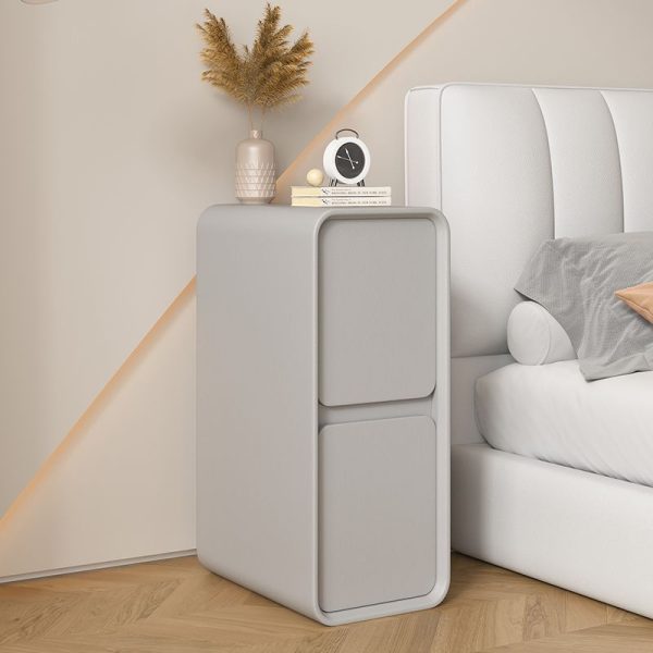 Modern Minimalist Solid Wood And Microfiber Leather Rectangular Narrow Nightstand With 2 Drawers For Bedroom - Image 19