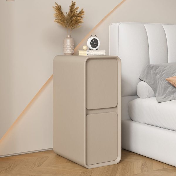 Modern Minimalist Solid Wood And Microfiber Leather Rectangular Narrow Nightstand With 2 Drawers For Bedroom - Image 3
