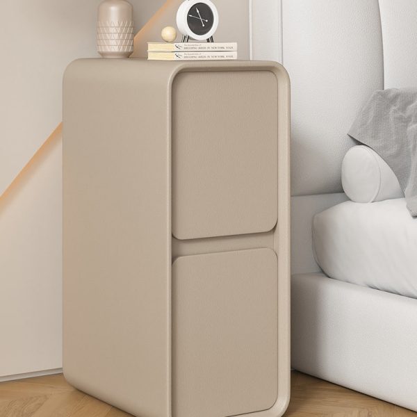 Modern Minimalist Solid Wood And Microfiber Leather Rectangular Narrow Nightstand With 2 Drawers For Bedroom - Image 14