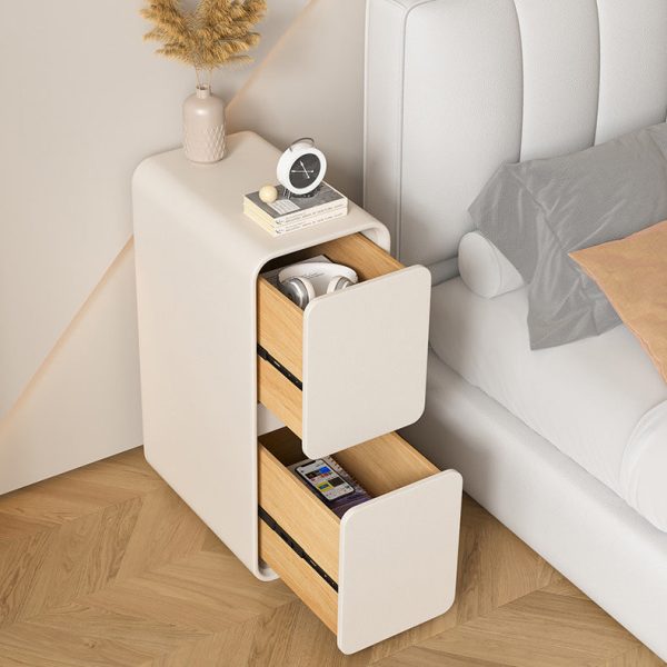 Modern Minimalist Solid Wood And Microfiber Leather Rectangular Narrow Nightstand With 2 Drawers For Bedroom - Image 11