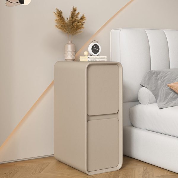 Modern Minimalist Solid Wood And Microfiber Leather Rectangular Narrow Nightstand With 2 Drawers For Bedroom - Image 16