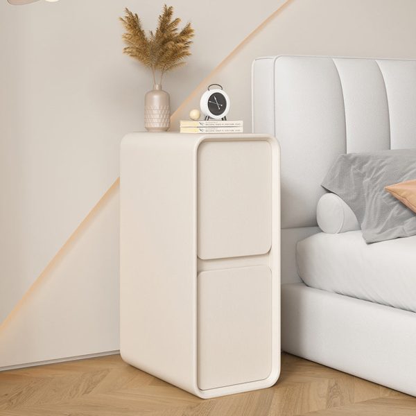 Modern Minimalist Solid Wood And Microfiber Leather Rectangular Narrow Nightstand With 2 Drawers For Bedroom - Image 5