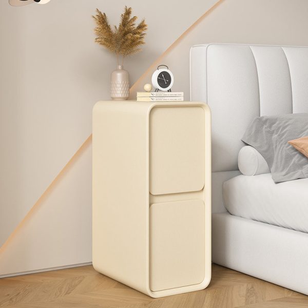 Modern Minimalist Solid Wood And Microfiber Leather Rectangular Narrow Nightstand With 2 Drawers For Bedroom - Image 4