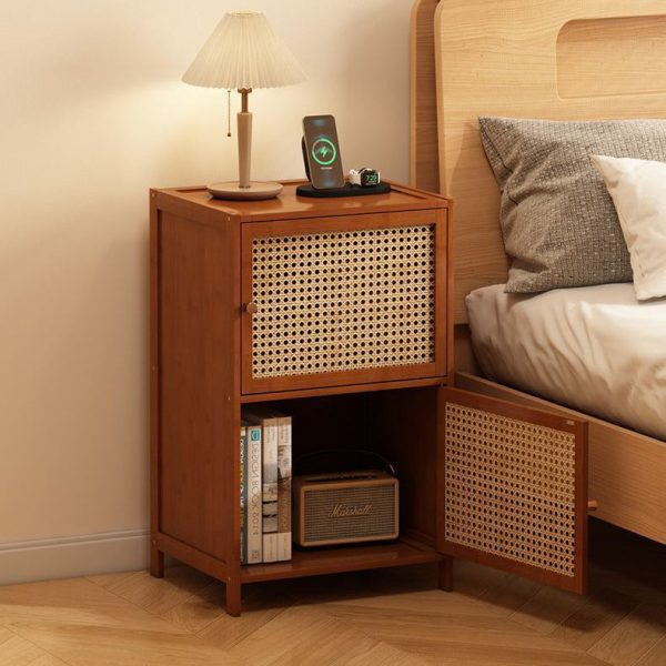 Contemporary Retro Weaving Bamboo Fiberboard And Glass Rectangular Nightstand 2 Storage Cabinets For Bedroom