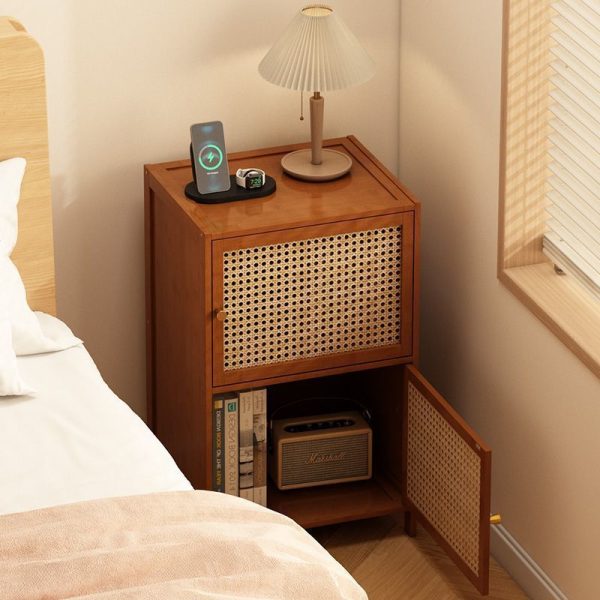 Contemporary Retro Weaving Bamboo Fiberboard And Glass Rectangular Nightstand 2 Storage Cabinets For Bedroom - Image 5