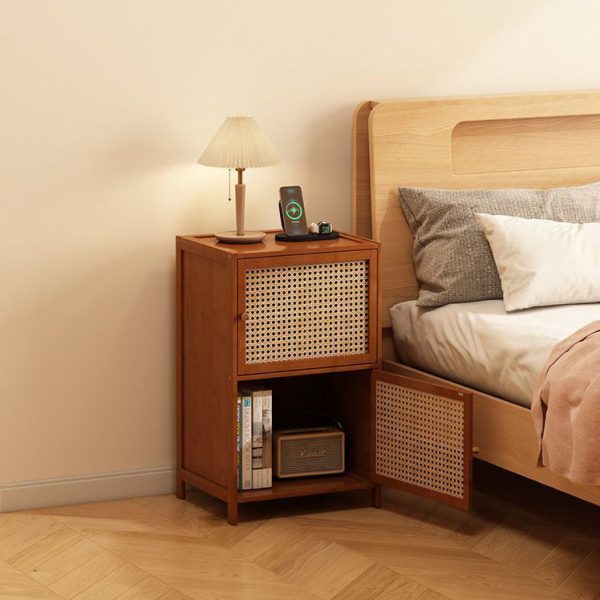 Contemporary Retro Weaving Bamboo Fiberboard And Glass Rectangular Nightstand 2 Storage Cabinets For Bedroom - Image 10