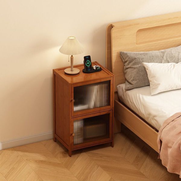 Contemporary Retro Weaving Bamboo Fiberboard And Glass Rectangular Nightstand 2 Storage Cabinets For Bedroom - Image 11