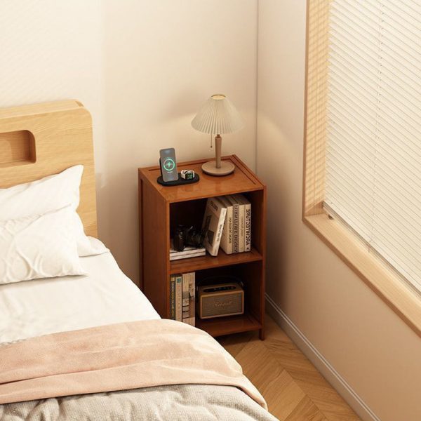 Contemporary Retro Weaving Bamboo Fiberboard And Glass Rectangular Nightstand 2 Storage Cabinets For Bedroom - Image 3