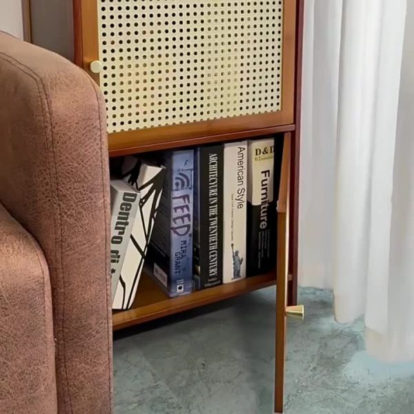 Contemporary Retro Weaving Bamboo Fiberboard And Glass Rectangular Nightstand 2 Storage Cabinets For Bedroom - Image 7