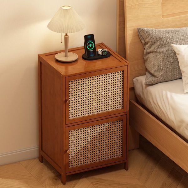 Contemporary Retro Weaving Bamboo Fiberboard And Glass Rectangular Nightstand 2 Storage Cabinets For Bedroom - Image 4