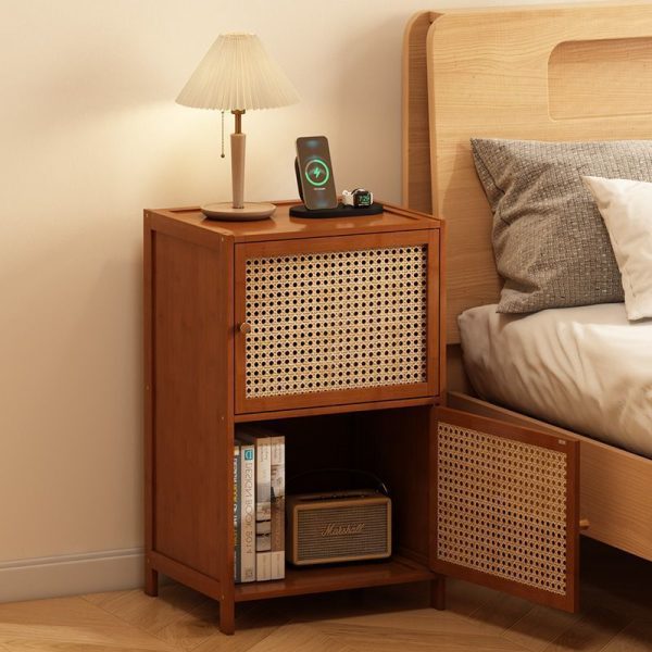 Contemporary Retro Weaving Bamboo Fiberboard And Glass Rectangular Nightstand 2 Storage Cabinets For Bedroom - Image 8