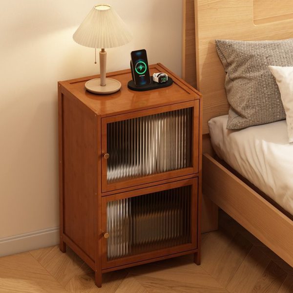 Contemporary Retro Weaving Bamboo Fiberboard And Glass Rectangular Nightstand 2 Storage Cabinets For Bedroom - Image 9