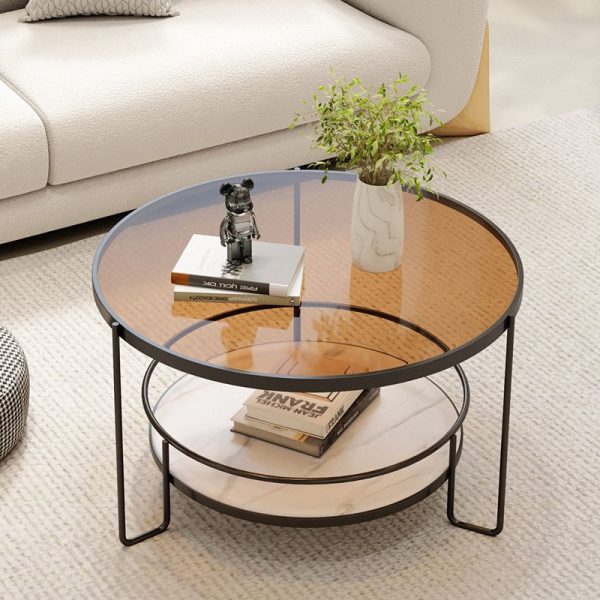 Modern Minimalist Round Iron Rock Slab Glass Coffee Table 2-Tier for Living Room - Image 3