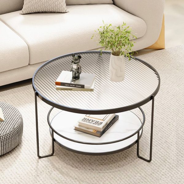 Modern Minimalist Round Iron Rock Slab Glass Coffee Table 2-Tier for Living Room - Image 2