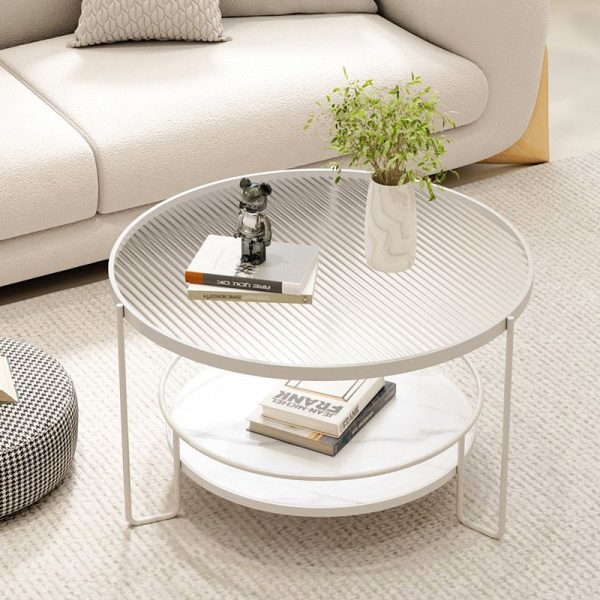 Modern Minimalist Round Iron Rock Slab Glass Coffee Table 2-Tier for Living Room - Image 11
