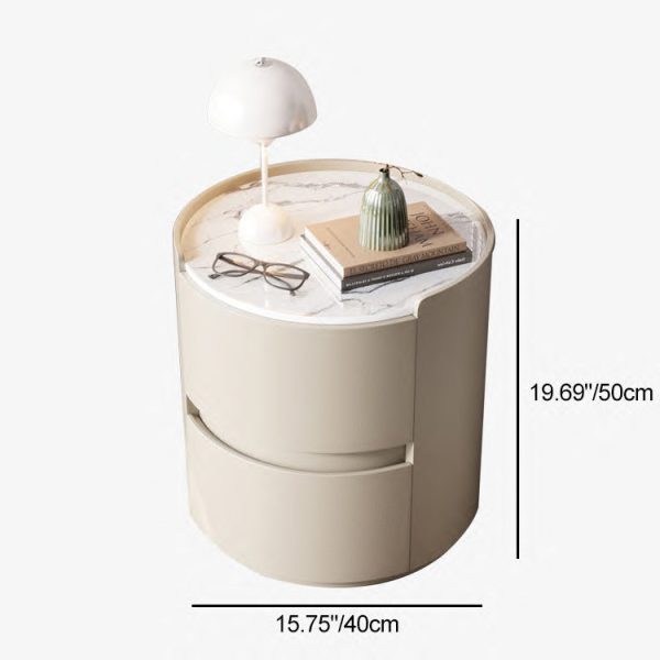 Modern Minimalist Leather Velvet Rock Slab & Solid Wood Round Nightstand With 2 Drawers For Bedside Use - Image 8