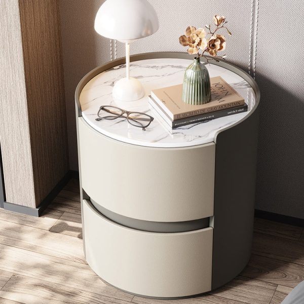 Modern Minimalist Leather Velvet Rock Slab & Solid Wood Round Nightstand With 2 Drawers For Bedside Use - Image 19