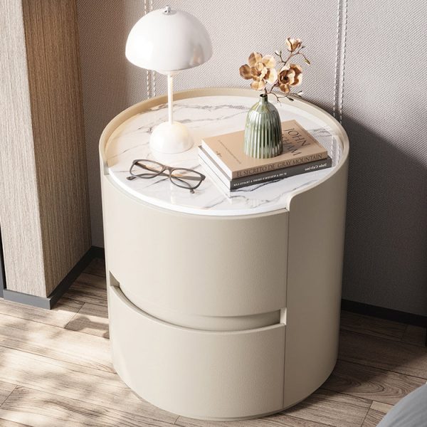 Modern Minimalist Leather Velvet Rock Slab & Solid Wood Round Nightstand With 2 Drawers For Bedside Use - Image 20