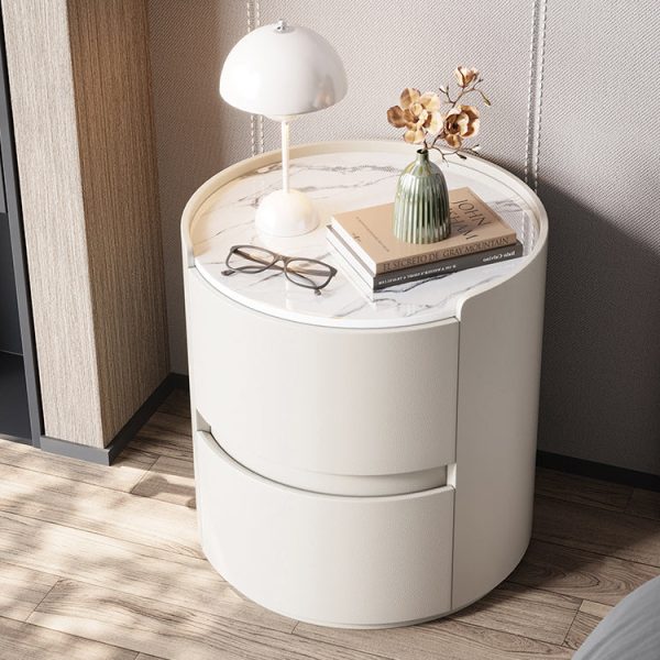 Modern Minimalist Leather Velvet Rock Slab & Solid Wood Round Nightstand With 2 Drawers For Bedside Use - Image 21
