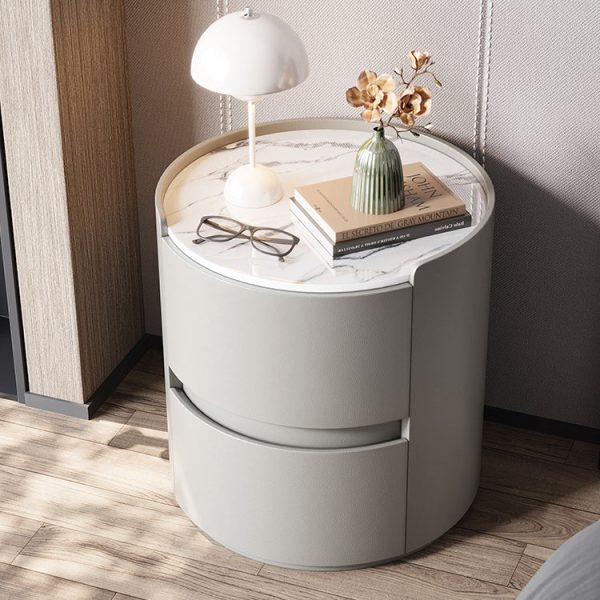 Modern Minimalist Leather Velvet Rock Slab & Solid Wood Round Nightstand With 2 Drawers For Bedside Use - Image 22