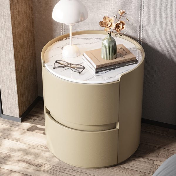 Modern Minimalist Leather Velvet Rock Slab & Solid Wood Round Nightstand With 2 Drawers For Bedside Use - Image 23