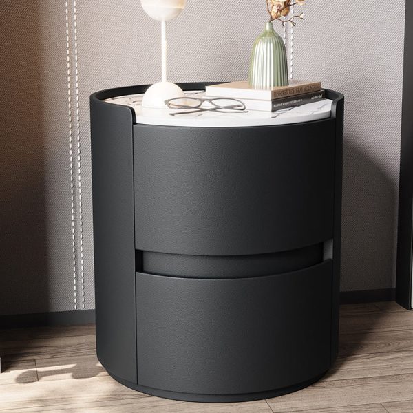 Modern Minimalist Leather Velvet Rock Slab & Solid Wood Round Nightstand With 2 Drawers For Bedside Use - Image 15