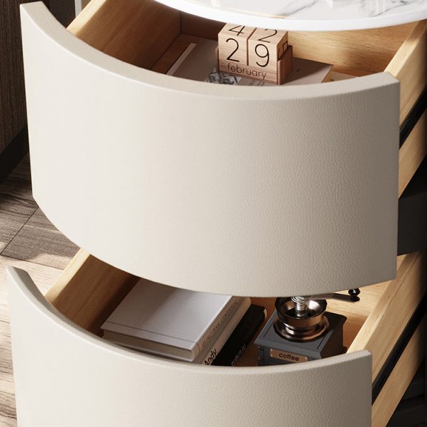 Modern Minimalist Leather Velvet Rock Slab & Solid Wood Round Nightstand With 2 Drawers For Bedside Use - Image 12