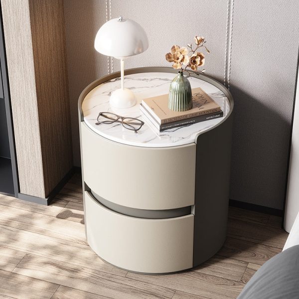 Modern Minimalist Leather Velvet Rock Slab & Solid Wood Round Nightstand With 2 Drawers For Bedside Use - Image 6
