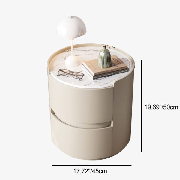 Modern Minimalist Leather Velvet Rock Slab & Solid Wood Round Nightstand With 2 Drawers For Bedside Use - Image 9