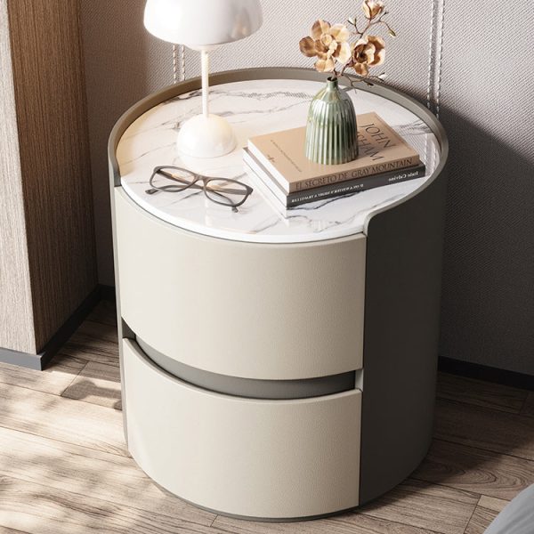 Modern Minimalist Leather Velvet Rock Slab & Solid Wood Round Nightstand With 2 Drawers For Bedside Use - Image 16