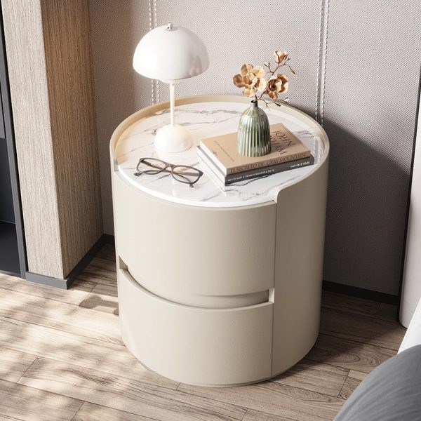 Modern Minimalist Leather Velvet Rock Slab & Solid Wood Round Nightstand With 2 Drawers For Bedside Use