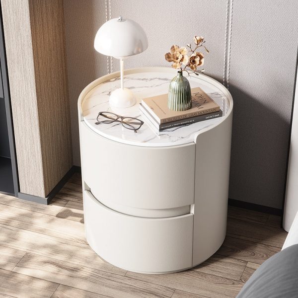 Modern Minimalist Leather Velvet Rock Slab & Solid Wood Round Nightstand With 2 Drawers For Bedside Use - Image 5