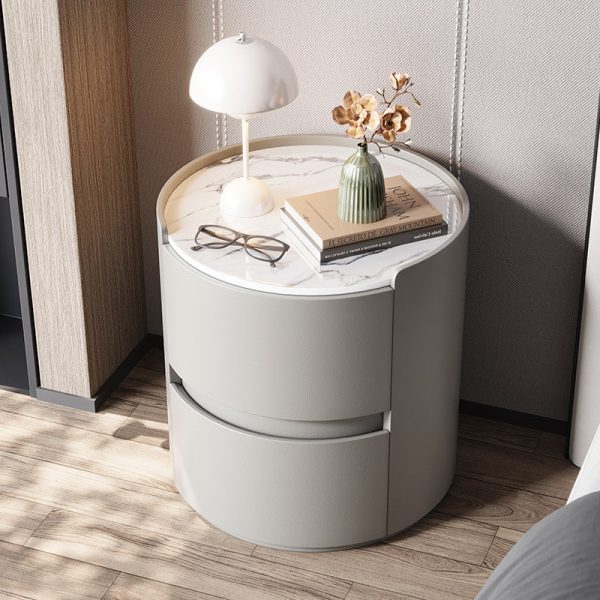 Modern Minimalist Leather Velvet Rock Slab & Solid Wood Round Nightstand With 2 Drawers For Bedside Use - Image 3