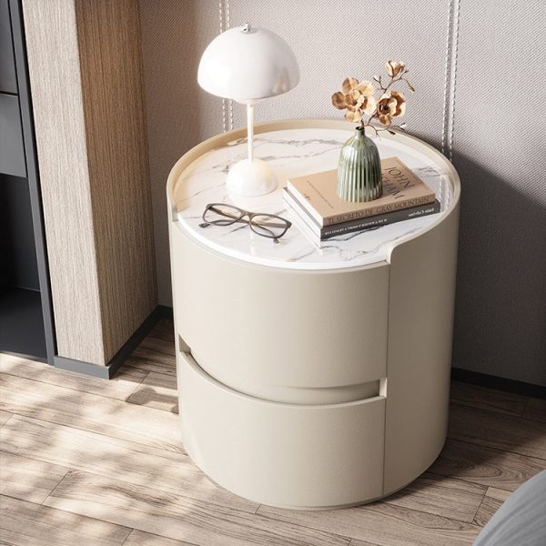 Modern Minimalist Leather Velvet Rock Slab & Solid Wood Round Nightstand With 2 Drawers For Bedside Use - Image 17
