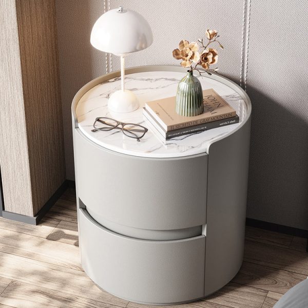 Modern Minimalist Leather Velvet Rock Slab & Solid Wood Round Nightstand With 2 Drawers For Bedside Use - Image 18