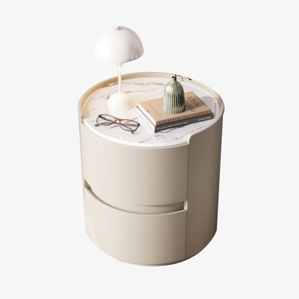 Modern Minimalist Leather Velvet Rock Slab & Solid Wood Round Nightstand With 2 Drawers For Bedside Use - Image 25