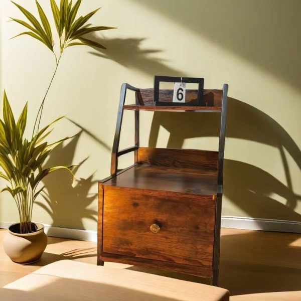 Contemporary Retro Wood & Iron Rectangular Nightstand With 2-Tier Drawer Storage For Bedside
