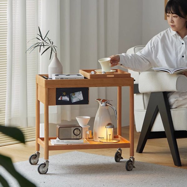 Contemporary Nordic Cherry Wood Oak Glass Rectangular Cart Movable End Table With 2-Tier Storage For Living Room And Bedroom - Image 14
